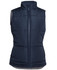 A navy blue puffer vest with a high collar and zip front, featuring two front pockets and a logo.