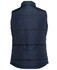 A navy blue puffer vest with a stitched design and a collar. The back view features a smooth finish and a subtle logo.