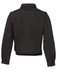 A black polar fleece jacket with a cropped design and gathered hem, featuring a collar and buttoned cuffs.