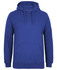 A blue hoodie with a front pouch pocket and a drawstring hood. It features a logo on the label.
