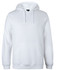 A white hoodie featuring a front pocket and a drawstring hood. The garment has a logo on it.