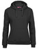 A black women's hoodie with a front pocket and a drawstring hood, featuring a branded logo.