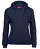 A navy blue hoodie with a front pocket and a drawstring hood. The hoodie features a logo.