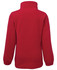 A red polar fleece jacket featuring a high collar and long sleeves. It has a logo on the back.