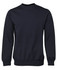A navy blue jumper with a round neckline and long sleeves, featuring ribbed cuffs and hem. It has a logo.