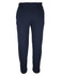 Navy blue fleece track pants with an elastic waistband and side pockets, featuring a logo.