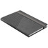 A grey notebook with a textured geometric design on one cover and an elastic strap. Features a logo on the front.