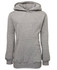 A grey fleecy hoodie featuring a front pocket and a hood, with ribbed cuffs and hem. It includes a logo.