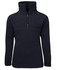 A navy 1/2 zip polar fleece jacket with a high collar and a zippered front. It features a solid design and has a logo.
