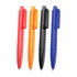 A selection of four geometric ballpoint pens in red, orange, black, and blue, each featuring a textured design and clip.