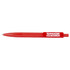 A red geometric ballpoint pen with a textured grip and a logo on the side.