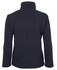 A dark navy fleece jacket with a high collar and long sleeves, featuring a logo on the back.