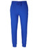 Bright blue track pants featuring an elastic waistband and cuffs, with a drawstring for adjustable fit. Includes a branding logo.