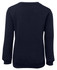 A navy blue jumper with long sleeves and a crew neckline, featuring a solid back. It includes a logo.
