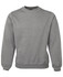 A grey sweater with a round neckline and ribbed cuffs and hem, featuring a branding logo.