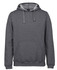 A grey hoodie featuring a drawstring hood and a front pocket. It has a brand logo on the interior.