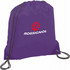 A purple drawstring sportspack with black cords and a logo on the front.