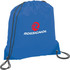 A blue drawstring sportspack with a black cord and a logo printed on the front.