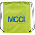 A lime green drawstring sportspack featuring a logo on the front.