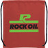 A red drawstring sportspack with a large logo in green and black. It features black nylon cords.