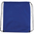 A blue drawstring sportspack featuring a logo and two adjustable black cords for carrying.