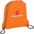 An orange drawstring sportspack with black cords and a logo on the front.