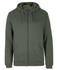 A green hoodie with a front zipper, drawstring hood, and side pockets, featuring a branding logo.