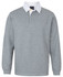 A grey polo shirt with a contrasting white collar and long sleeves, featuring a logo on the chest.
