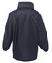 A dark navy rain jacket with elastic cuffs and a high collar, featuring a logo on the back.
