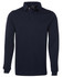 A two-tone navy rugby shirt featuring long sleeves and a classic polo collar, with a logo on the chest.