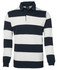 A rugby-style striped shirt in navy and white, featuring long sleeves and a collared neckline. It has a logo on the chest.