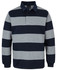 A rugby shirt featuring navy and grey horizontal stripes, with a buttoned collar and long sleeves. It has a logo.
