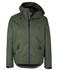 A green rain jacket with a hood, featuring a zip closure and two side pockets, plus a branding logo.