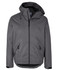 A grey rain jacket featuring a hood, two front pockets, and a zippered closure. It includes a logo on the fabric.