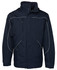 A navy rain jacket with white piping, featuring a front zip, high collar, and multiple pockets. It has a logo.