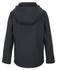 A hooded softshell jacket in black, featuring a three-layer design and a back view with a logo.