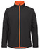A black soft shell jacket with an orange interior and contrasting zipper, featuring a logo on the front.