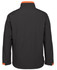 A black soft shell jacket with orange accents, featuring a collar and long sleeves. It has a logo on the back.