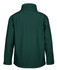 A soft shell jacket in dark green with a high collar and long sleeves, featuring branding on the back.