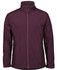 A maroon soft shell jacket with a high collar and side pockets, featuring branding on the front.