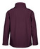 A soft shell jacket in a deep burgundy colour, featuring a high collar and long sleeves. It has a logo on the back.