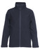 A soft shell jacket in navy blue, featuring a zip front and a high collar. It includes a logo on the fabric.