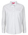 A white long-sleeve button-up shirt featuring a pocket and a logo.