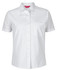 A white button-up shirt with short sleeves and a chest pocket, featuring a logo.