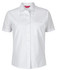 Short-sleeved white button-up shirt featuring a pocket and a logo. Suitable for casual or professional wear.