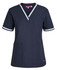 Navy scrub top featuring a V-neck design, short sleeves, and white contrast stripes, with pockets and a logo.