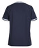 A navy scrub top with white contrast stripes on the sleeves, featuring a simple design and a back view.