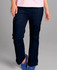 Navy scrubs pants for women featuring pockets and a logo. Worn with a pink top and blue shoes.