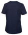 A navy blue ladies' scrubs top featuring short sleeves and a relaxed fit. Includes a logo on the back.