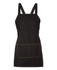 A black denim bib apron featuring a cross-back design and a front pocket. Includes a logo on the fabric.